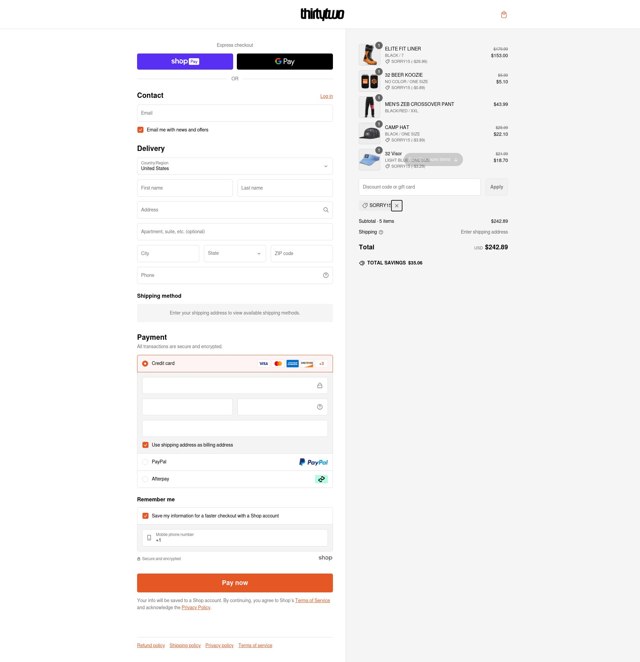 ThirtyTwo checkout page showing ThirtyTwo discount code box | Screenshot taken by SimplyCodes community member on Feb 20, 2025