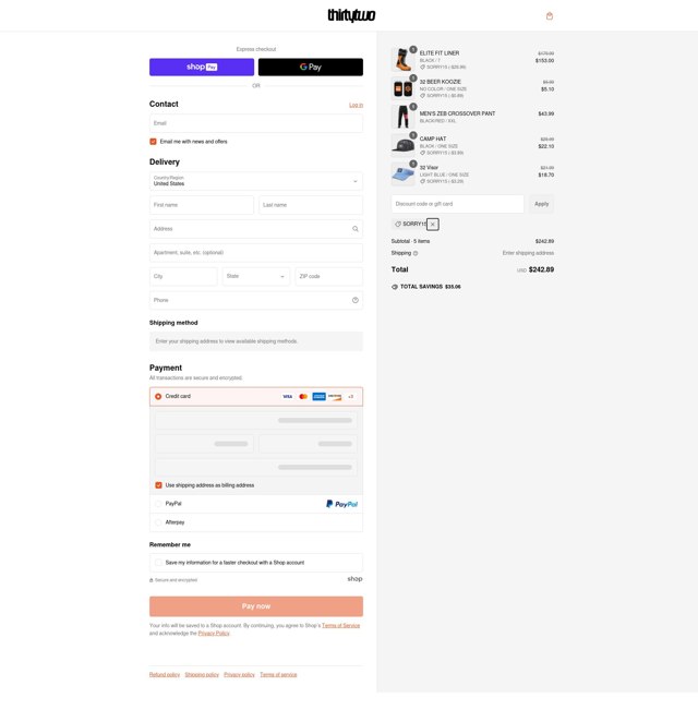 ThirtyTwo checkout page showing ThirtyTwo discount code box | Screenshot taken by SimplyCodes community member on Feb 15, 2025