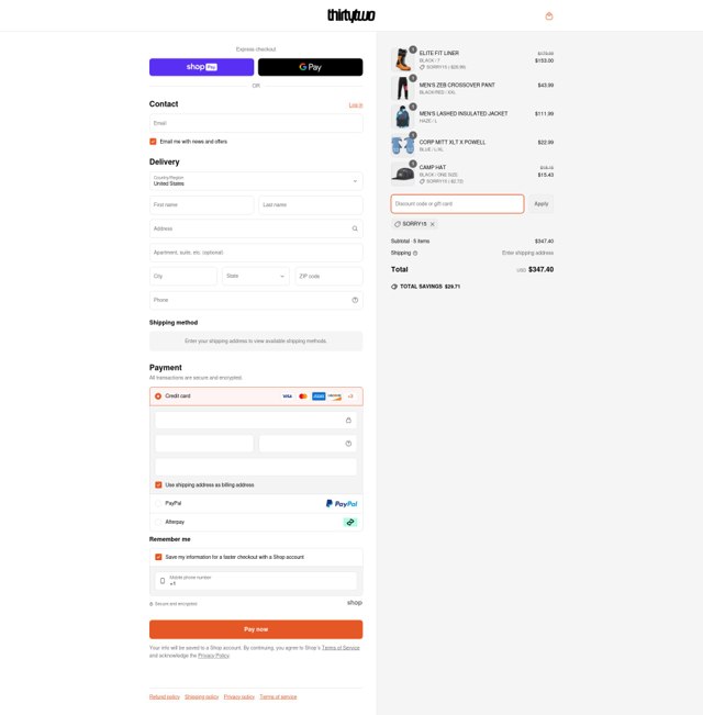 ThirtyTwo checkout page showing ThirtyTwo discount code box | Screenshot taken by SimplyCodes community member on Apr 25, 2025
