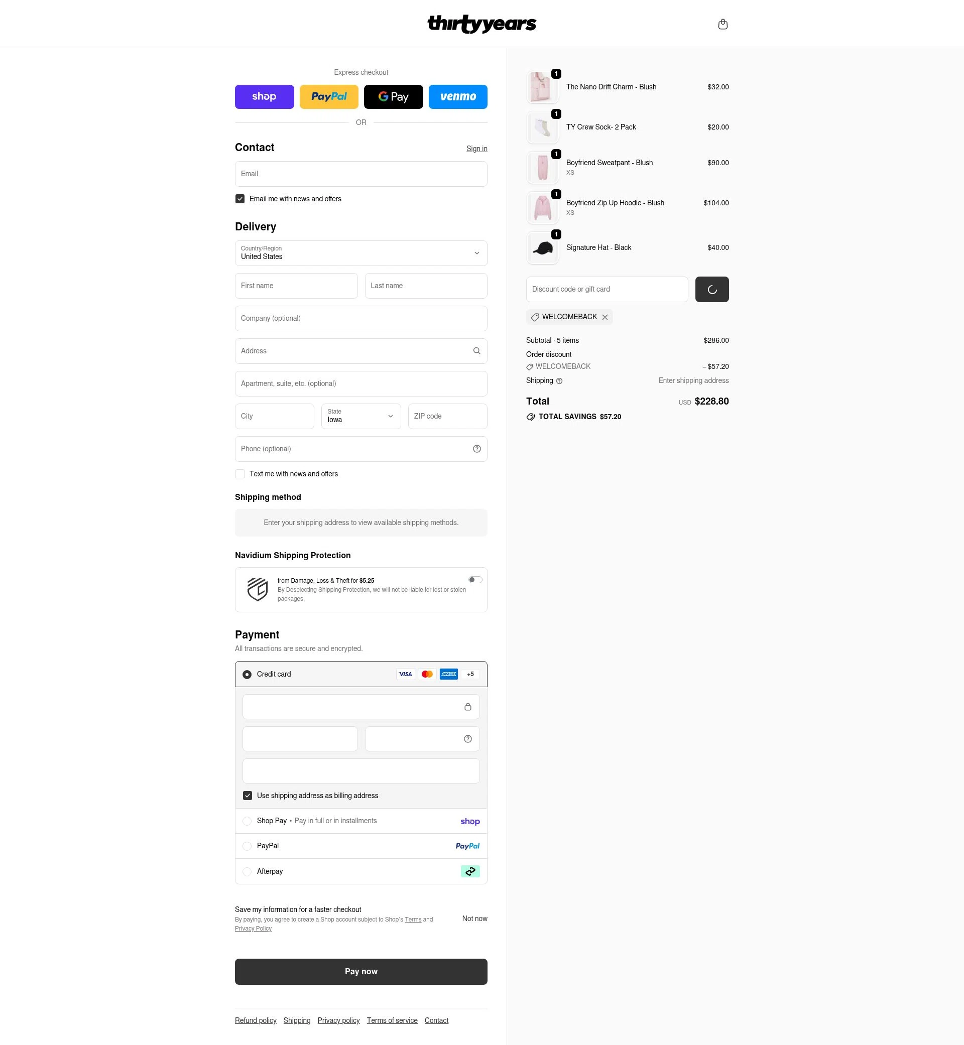 Thirty Years checkout page showing Thirty Years discount code box | Screenshot taken by SimplyCodes community member on Feb 18, 2026
