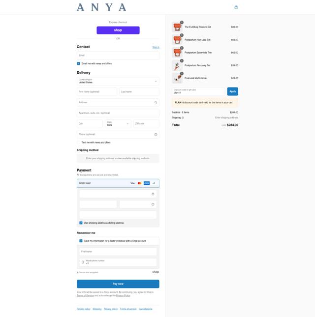 Anya checkout page showing Anya promo code box | Screenshot taken by SimplyCodes community member on Sep 12, 2025