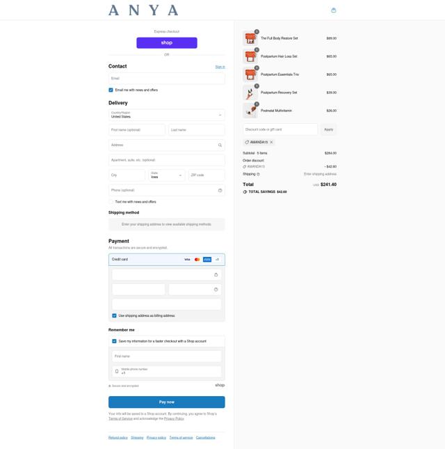 Anya checkout page showing Anya promo code box | Screenshot taken by SimplyCodes community member on Sep 12, 2025