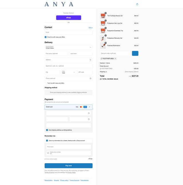 Anya checkout page showing Anya promo code box | Screenshot taken by SimplyCodes community member on Sep 12, 2025
