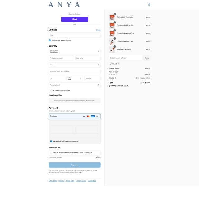 Anya checkout page showing Anya promo code box | Screenshot taken by SimplyCodes community member on Sep 12, 2025