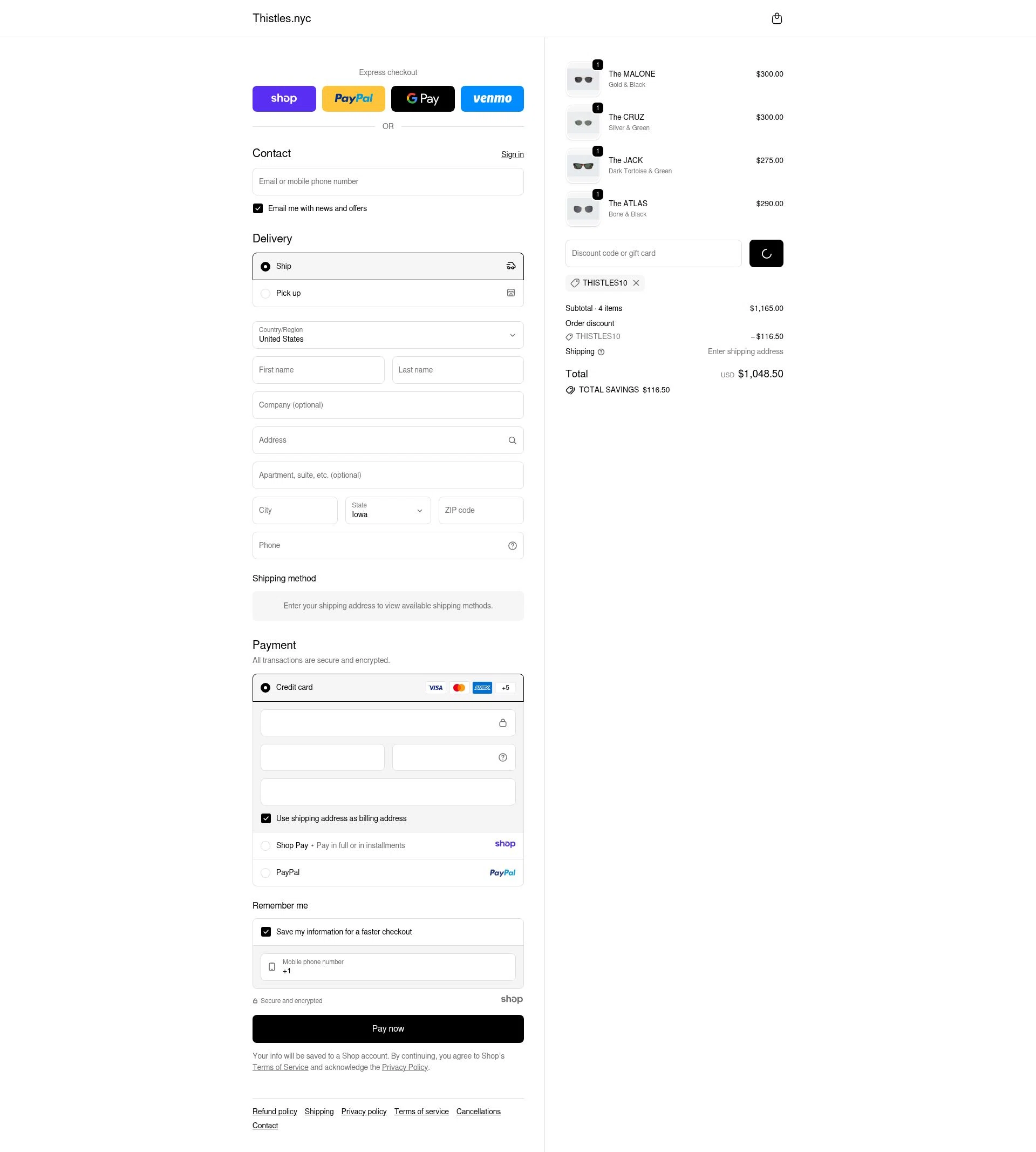 THISTLES checkout page showing THISTLES promo code box | Screenshot taken by SimplyCodes community member on Dec 21, 2025
