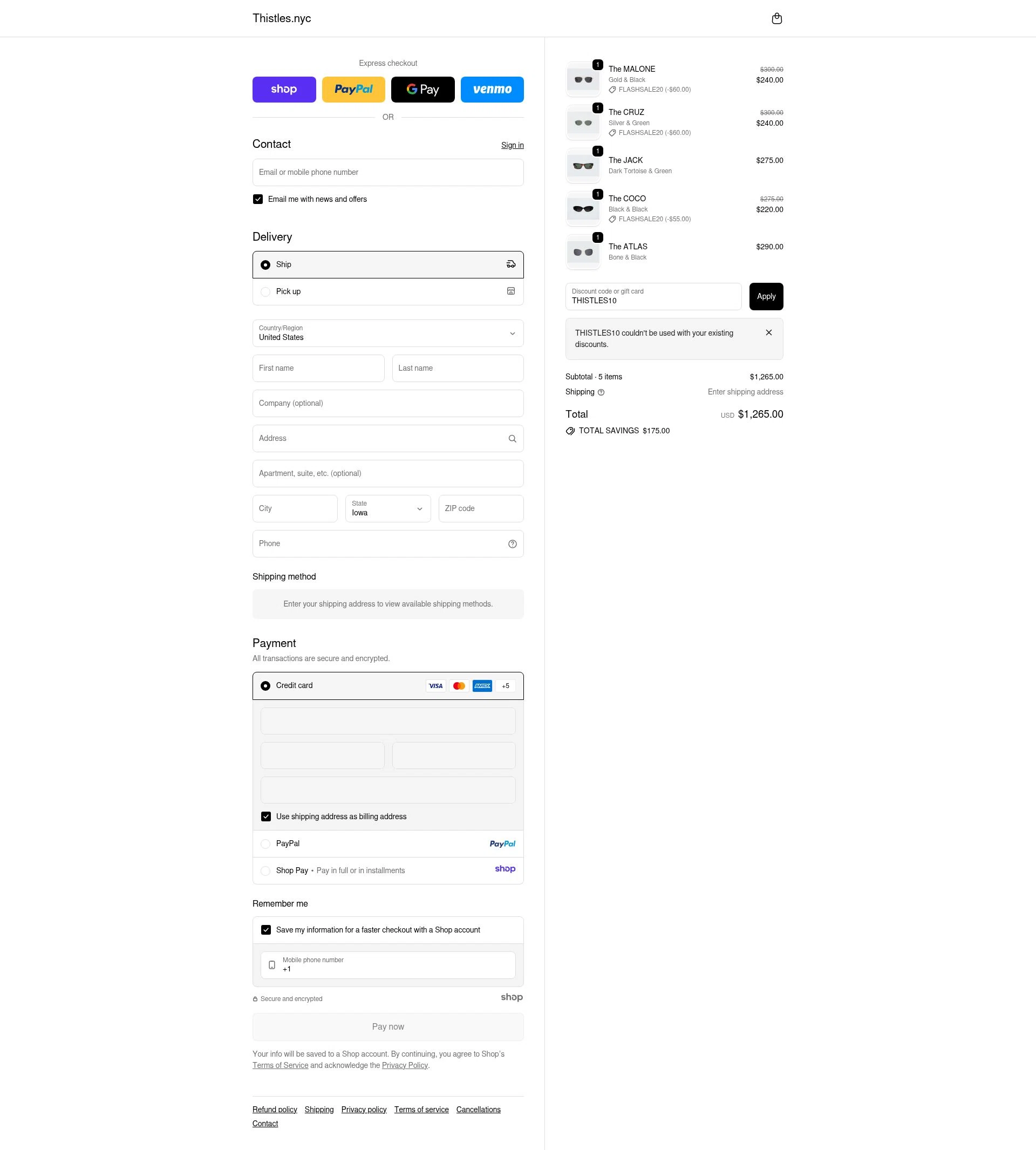 THISTLES checkout page showing THISTLES promo code box | Screenshot taken by SimplyCodes community member on Nov 27, 2025