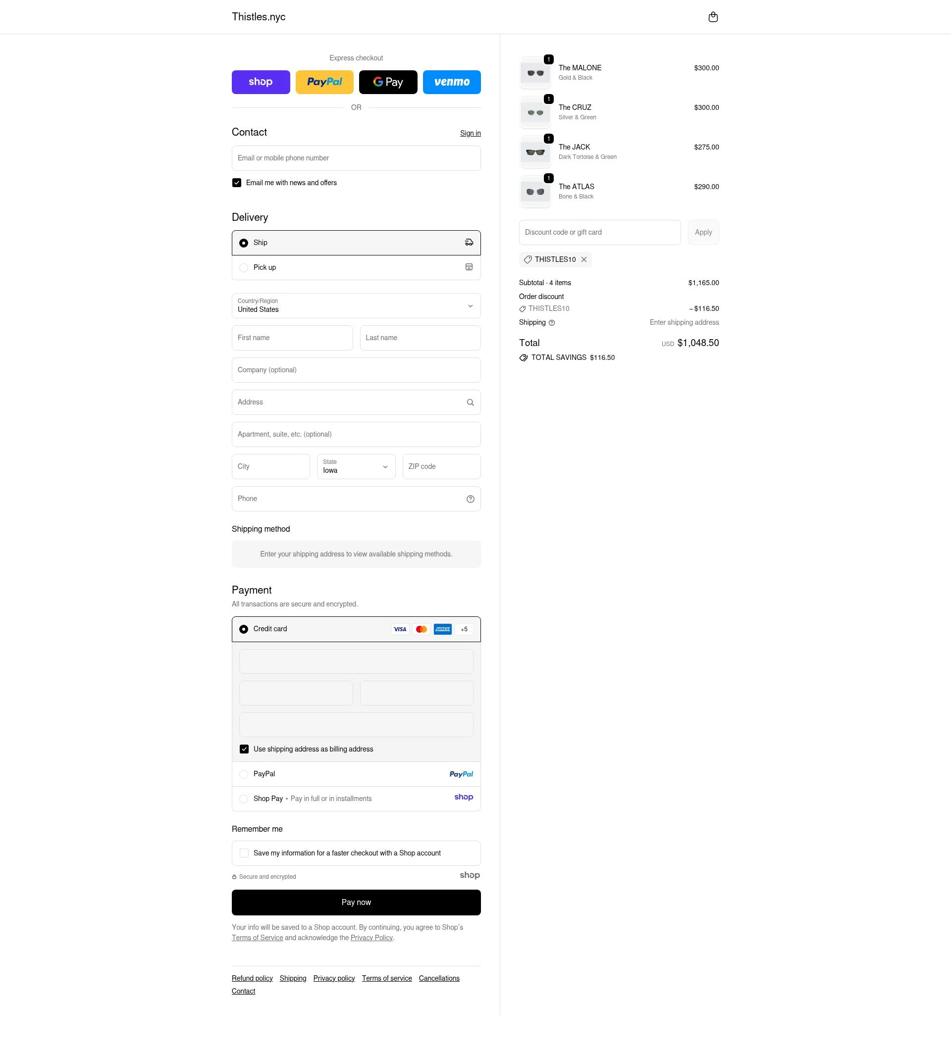 THISTLES checkout page showing THISTLES promo code box | Screenshot taken by SimplyCodes community member on Dec 8, 2025