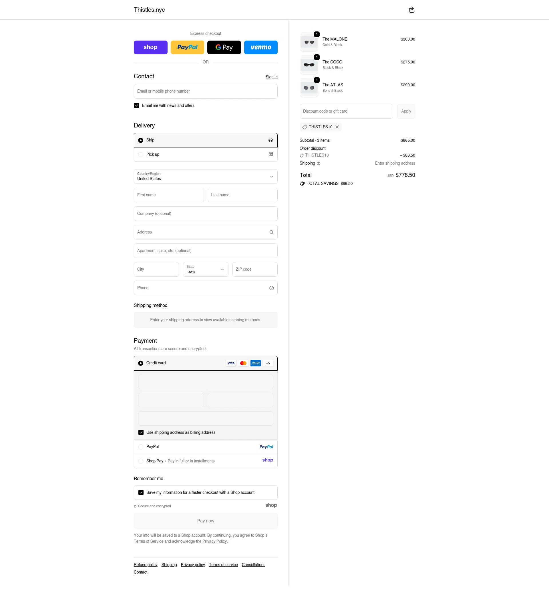 THISTLES checkout page showing THISTLES promo code box | Screenshot taken by SimplyCodes community member on Nov 22, 2025
