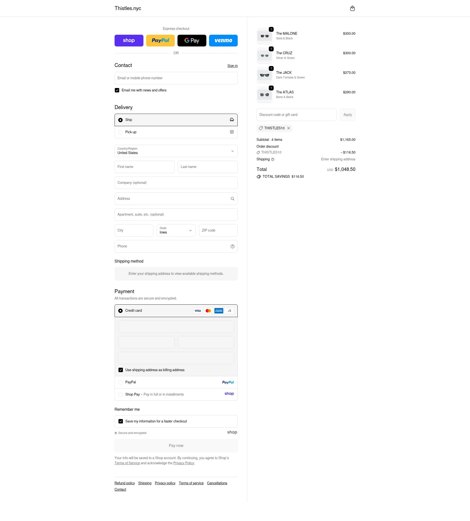 THISTLES checkout page showing THISTLES promo code box | Screenshot taken by SimplyCodes community member on Dec 14, 2025