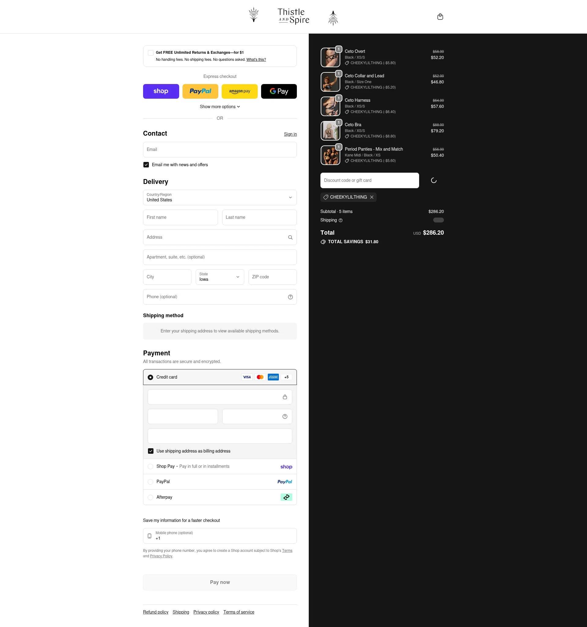 Thistle & Spire checkout page showing Thistle & Spire promo code box | Screenshot taken by SimplyCodes community member on Feb 13, 2026