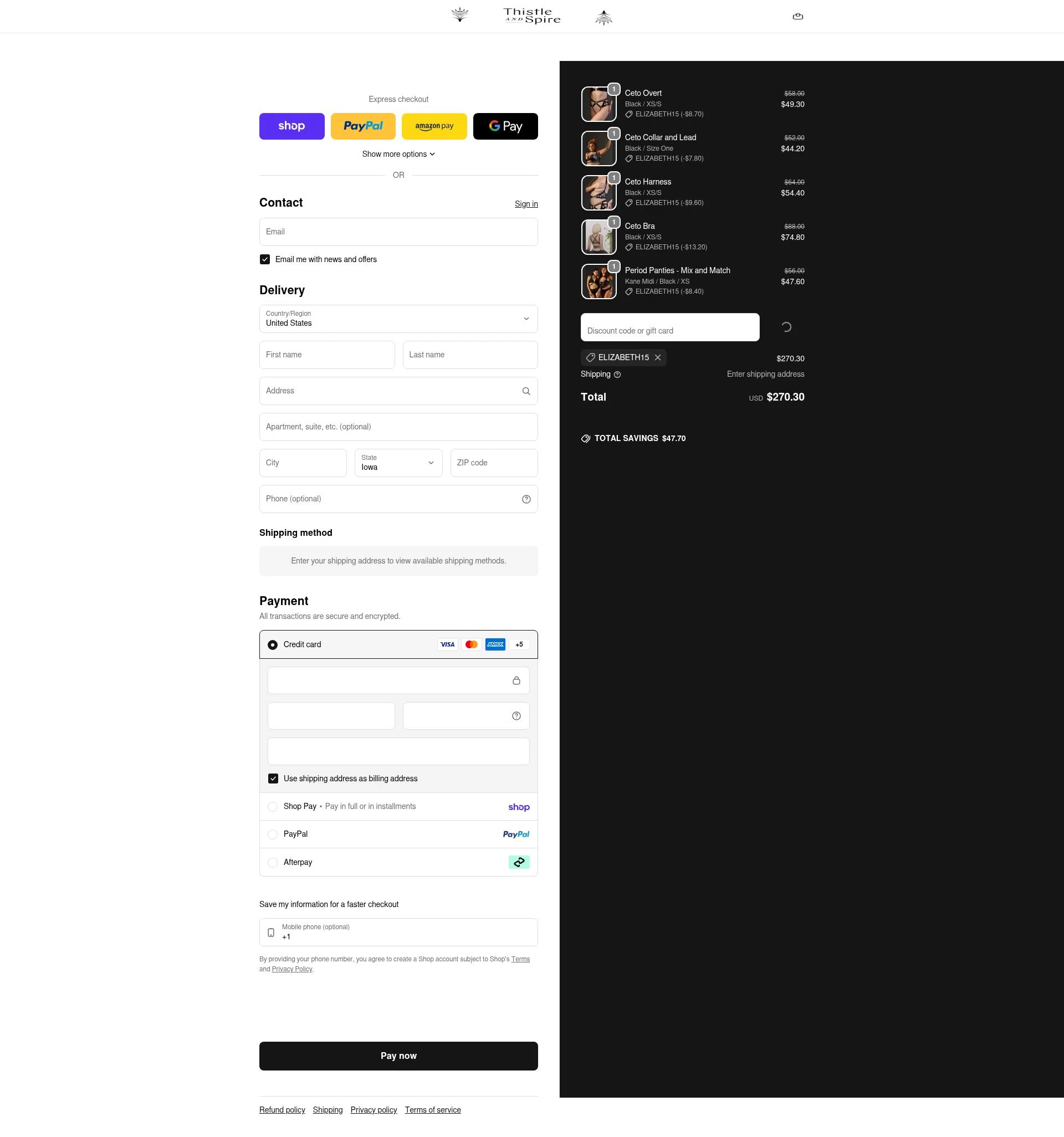 Thistle & Spire checkout page showing Thistle & Spire promo code box | Screenshot taken by SimplyCodes community member on Feb 8, 2026