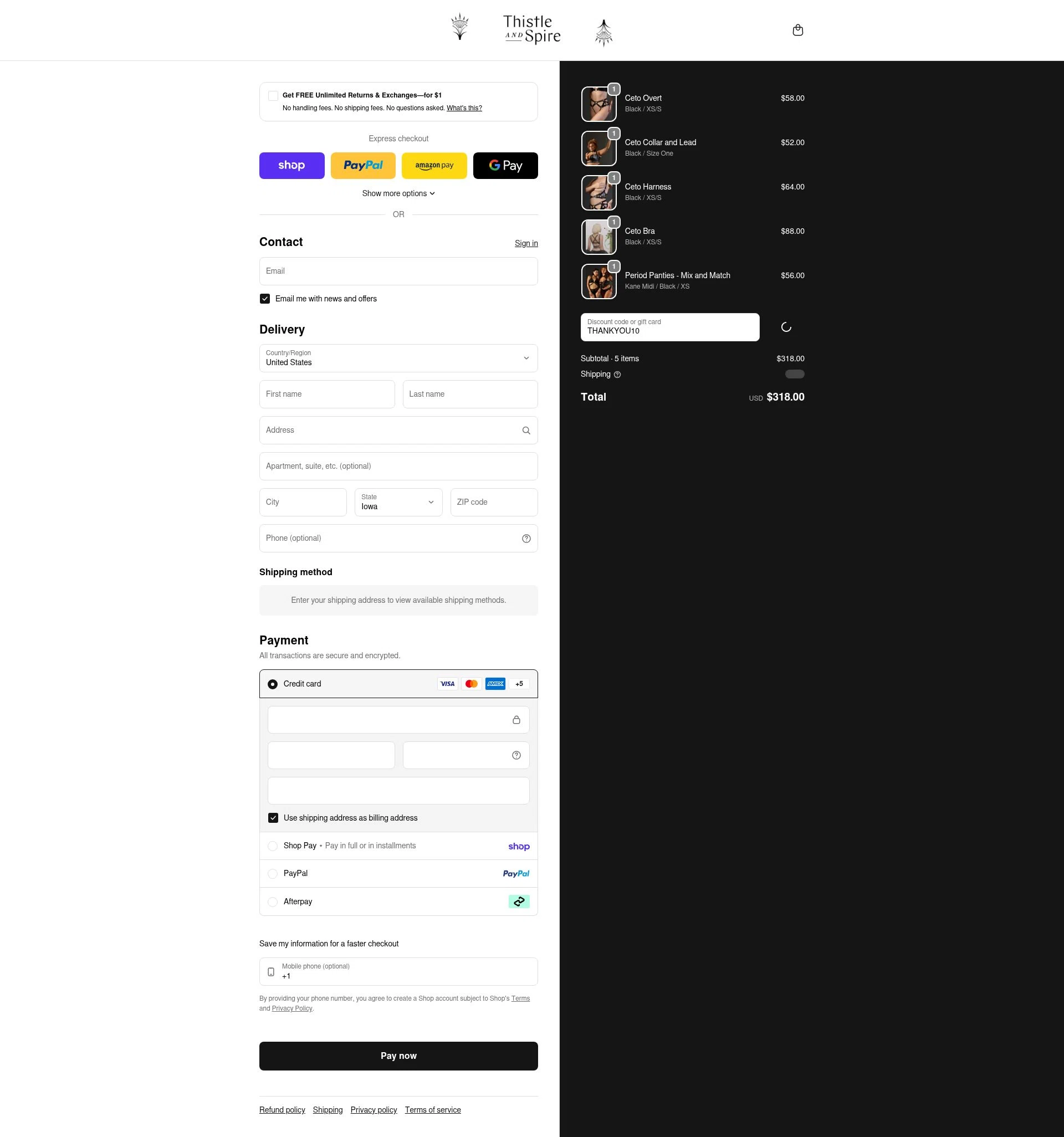 Thistle & Spire checkout page showing Thistle & Spire promo code box | Screenshot taken by SimplyCodes community member on Feb 17, 2026