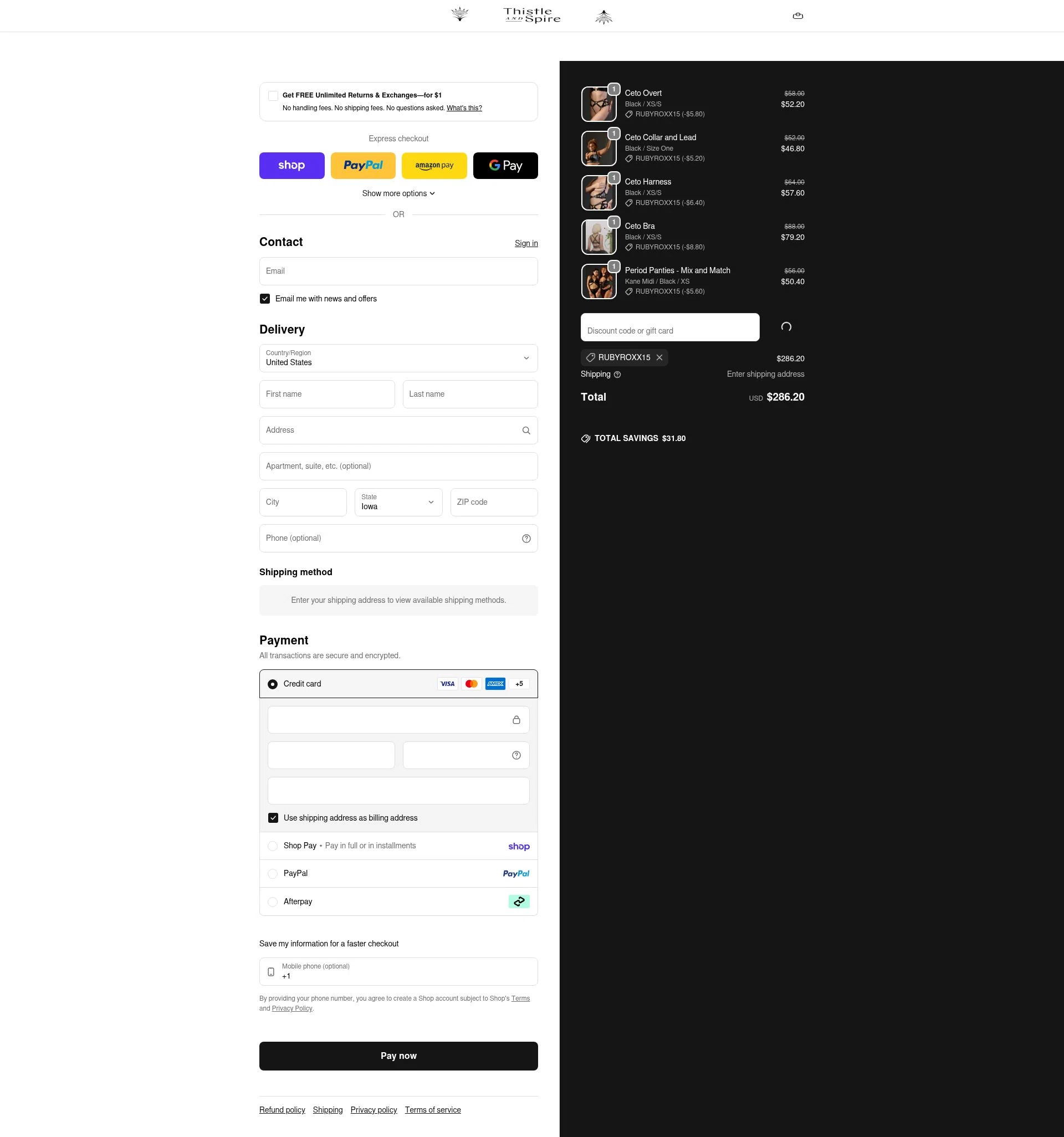 Thistle & Spire checkout page showing Thistle & Spire promo code box | Screenshot taken by SimplyCodes community member on Feb 13, 2026