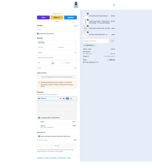 T-H Marine checkout page showing T-H Marine discount code box | Screenshot taken by SimplyCodes community member on Sep 8, 2025
