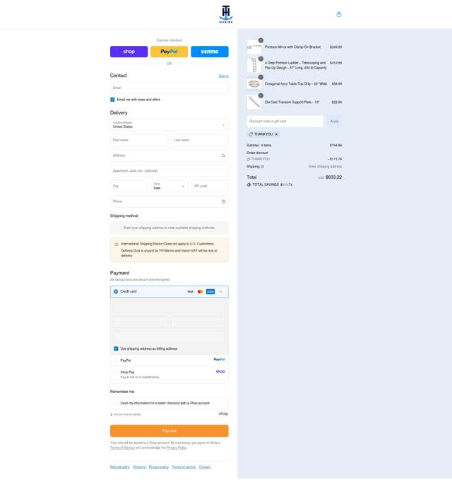 T-H Marine checkout page showing T-H Marine discount code box | Screenshot taken by SimplyCodes community member on Sep 12, 2025