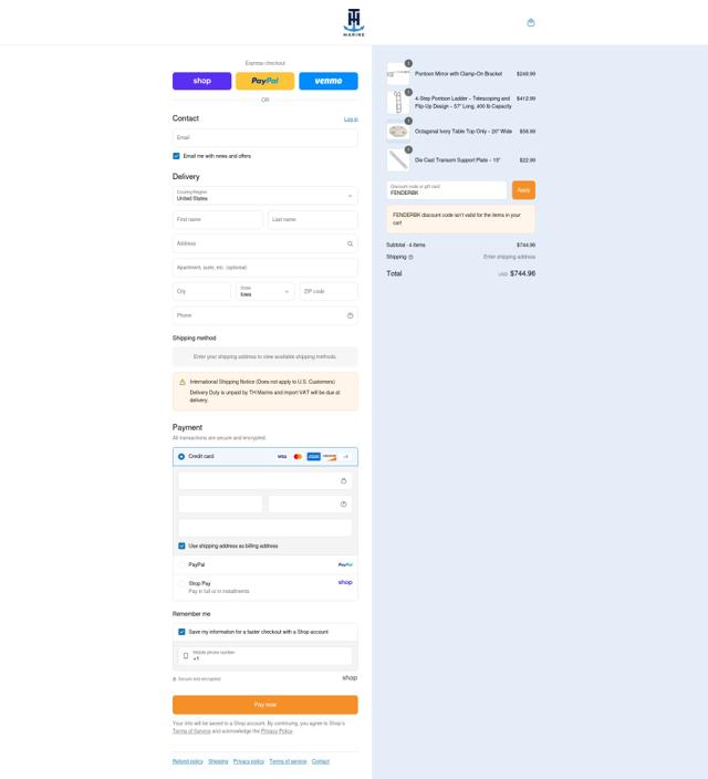 T-H Marine checkout page showing T-H Marine discount code box | Screenshot taken by SimplyCodes community member on Sep 8, 2025