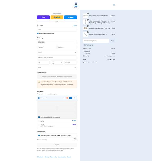 T-H Marine checkout page showing T-H Marine discount code box | Screenshot taken by SimplyCodes community member on Sep 12, 2025