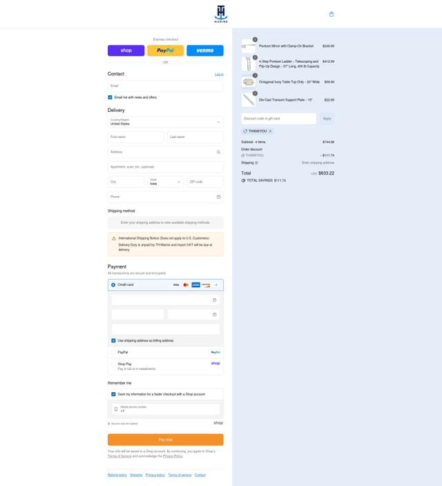 T-H Marine checkout page showing T-H Marine discount code box | Screenshot taken by SimplyCodes community member on Sep 8, 2025