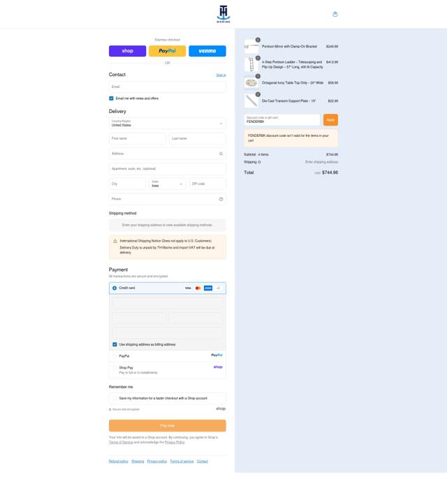 T-H Marine checkout page showing T-H Marine discount code box | Screenshot taken by SimplyCodes community member on Sep 12, 2025