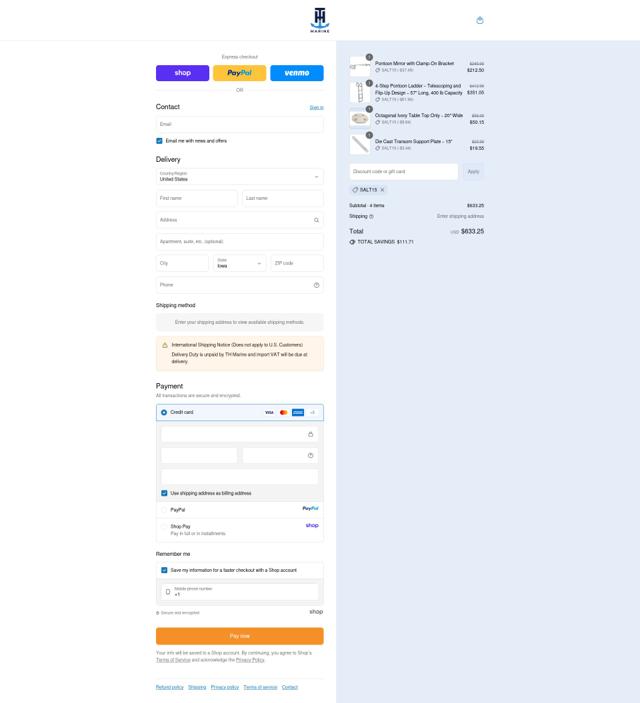T-H Marine checkout page showing T-H Marine discount code box | Screenshot taken by SimplyCodes community member on Sep 12, 2025