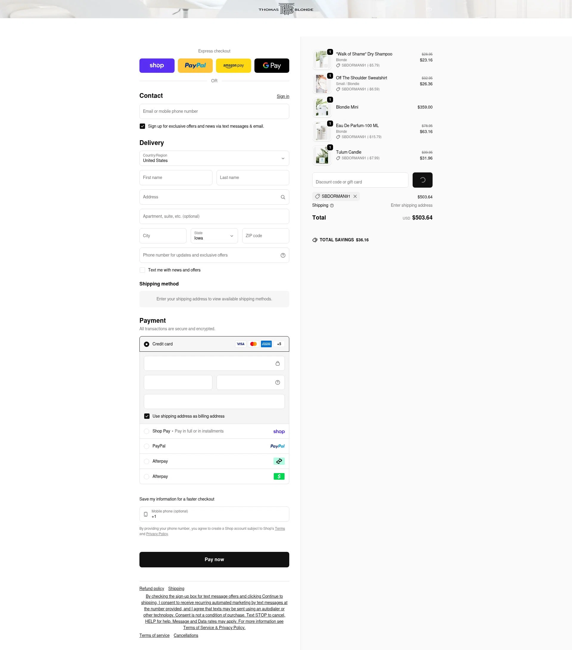 Thomas Blonde checkout page showing Thomas Blonde discount code box | Screenshot taken by SimplyCodes community member on Feb 6, 2026