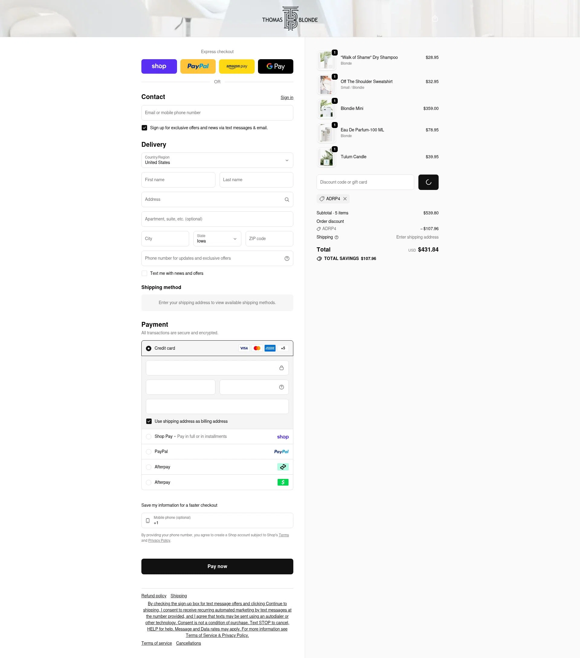 Thomas Blonde checkout page showing Thomas Blonde discount code box | Screenshot taken by SimplyCodes community member on Feb 6, 2026
