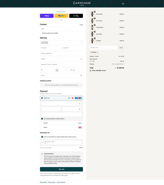 Thomas Earnshaw checkout page showing Thomas Earnshaw discount code box | Screenshot taken by SimplyCodes community member on Sep 2, 2025