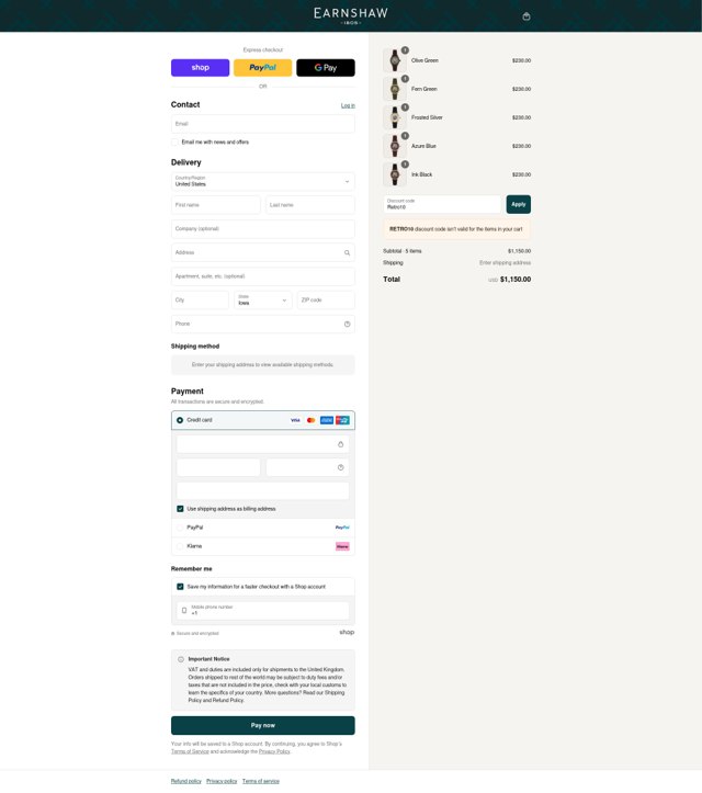 Thomas Earnshaw checkout page showing Thomas Earnshaw discount code box | Screenshot taken by SimplyCodes community member on Sep 2, 2025