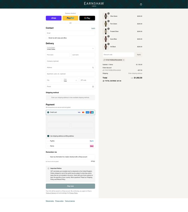 Thomas Earnshaw checkout page showing Thomas Earnshaw discount code box | Screenshot taken by SimplyCodes community member on Sep 2, 2025