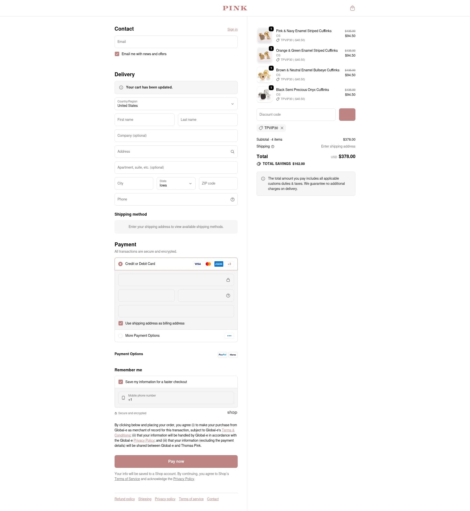 Thomas Pink checkout page showing Thomas Pink promo code box | Screenshot taken by SimplyCodes community member on Dec 14, 2025