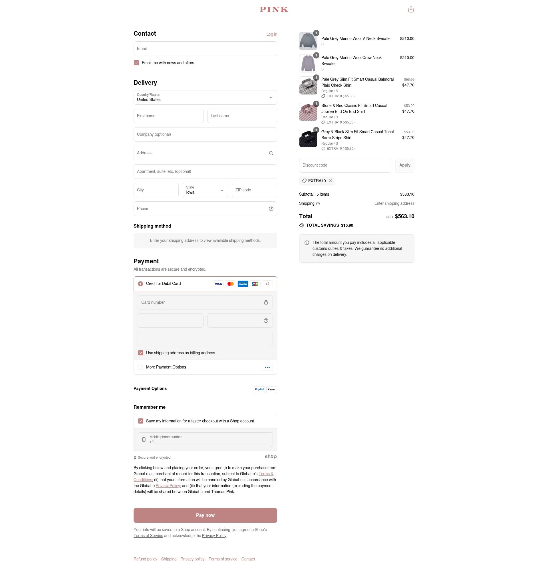 Thomas Pink checkout page showing Thomas Pink promo code box | Screenshot taken by SimplyCodes community member on Aug 16, 2025