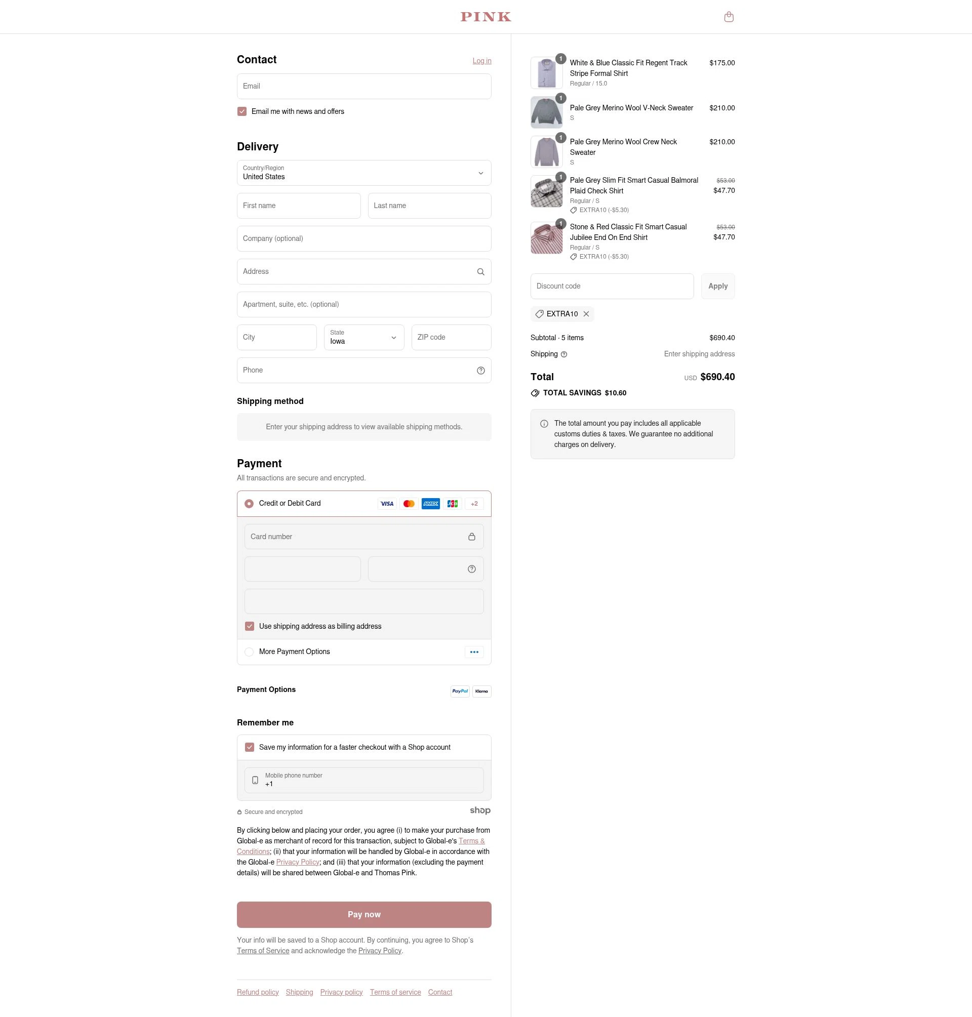 Thomas Pink checkout page showing Thomas Pink promo code box | Screenshot taken by SimplyCodes community member on Aug 12, 2025