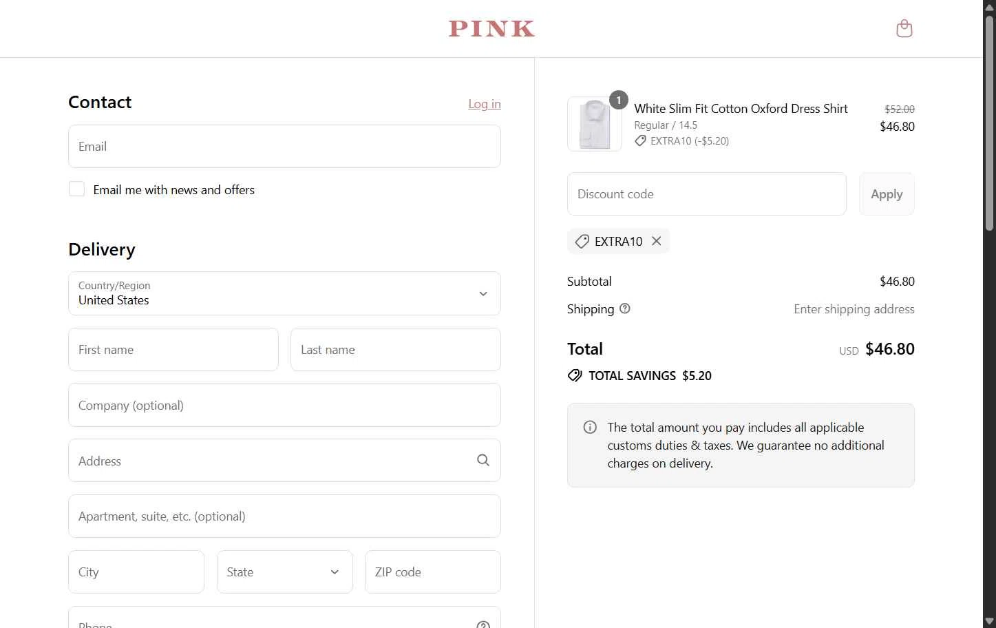 Thomas Pink checkout page showing Thomas Pink promo code box | Screenshot taken by SimplyCodes community member on Aug 7, 2025