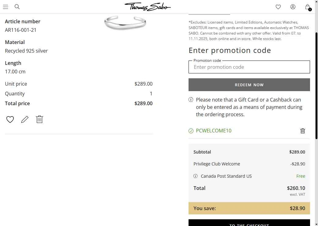 Thomas Sabo checkout page showing Thomas Sabo discount code box | Screenshot taken by SimplyCodes community member on Nov 10, 2025
