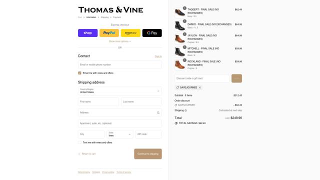 Thomas & Vine checkout page showing Thomas & Vine promo code box | Screenshot taken by SimplyCodes community member on Sep 11, 2025