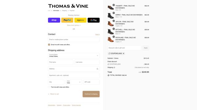 Thomas & Vine checkout page showing Thomas & Vine promo code box | Screenshot taken by SimplyCodes community member on Sep 11, 2025