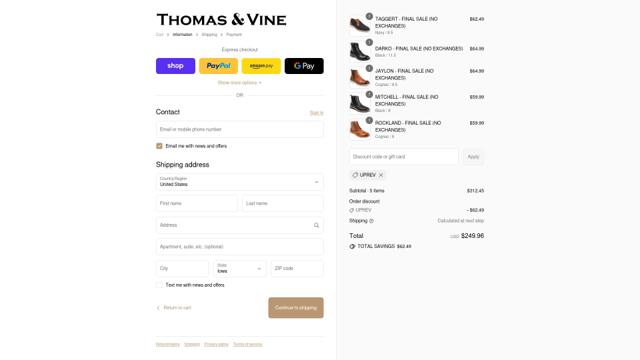Thomas & Vine checkout page showing Thomas & Vine promo code box | Screenshot taken by SimplyCodes community member on Sep 11, 2025