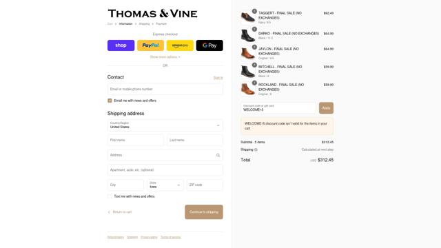 Thomas & Vine checkout page showing Thomas & Vine promo code box | Screenshot taken by SimplyCodes community member on Sep 11, 2025