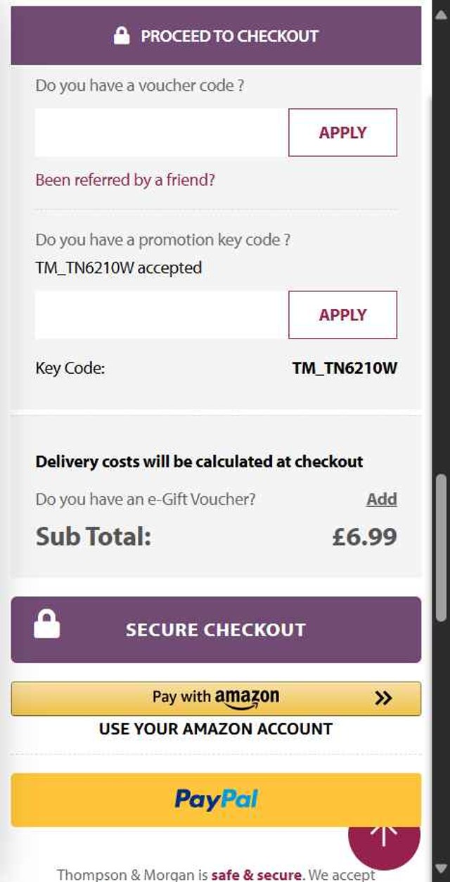 Thompson & Morgan checkout page showing Thompson & Morgan promo code box | Screenshot taken by SimplyCodes community member on Sep 5, 2025