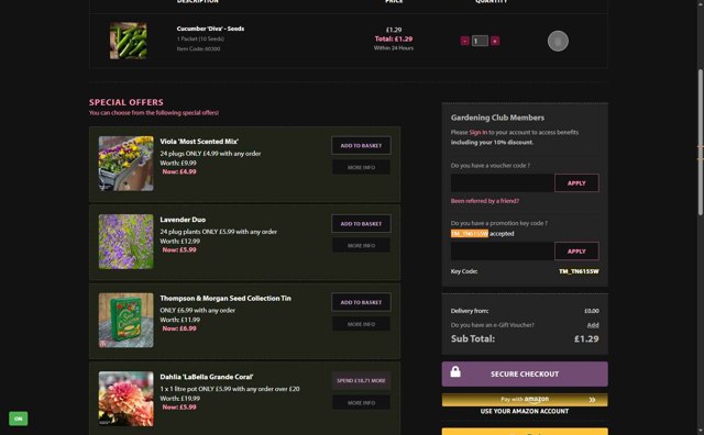 Thompson & Morgan checkout page showing Thompson & Morgan promo code box | Screenshot taken by SimplyCodes community member on Aug 11, 2025