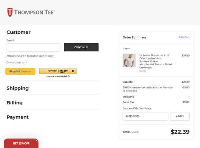 Thompson Tee checkout page showing Thompson Tee coupon code box | Screenshot taken by SimplyCodes community member on Aug 29, 2025