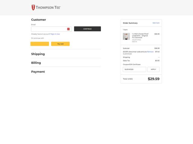Thompson Tee checkout page showing Thompson Tee coupon code box | Screenshot taken by SimplyCodes community member on Aug 29, 2025