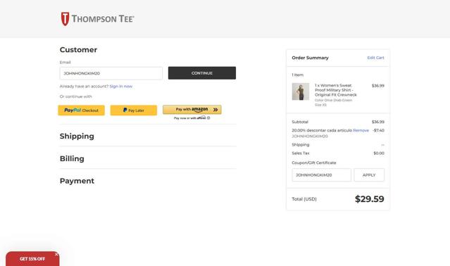 Thompson Tee checkout page showing Thompson Tee coupon code box | Screenshot taken by SimplyCodes community member on Aug 28, 2025