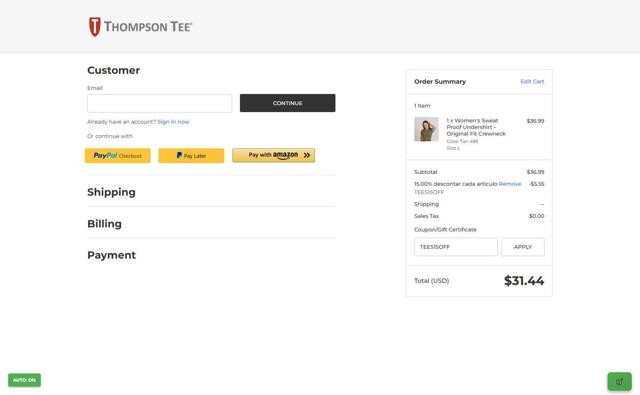 Thompson Tee checkout page showing Thompson Tee coupon code box | Screenshot taken by SimplyCodes community member on Aug 29, 2025