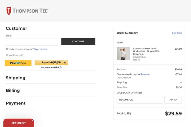 Thompson Tee checkout page showing Thompson Tee coupon code box | Screenshot taken by SimplyCodes community member on Sep 14, 2025