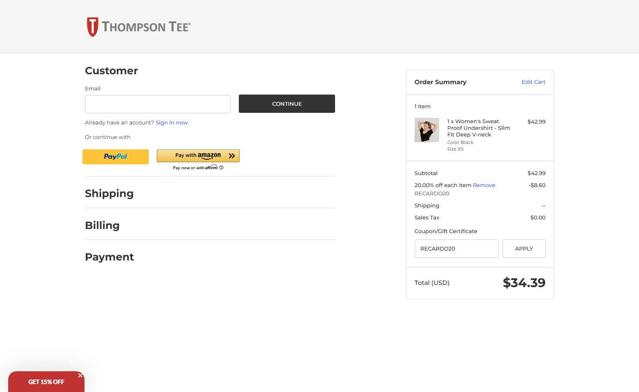 Thompson Tee checkout page showing Thompson Tee coupon code box | Screenshot taken by SimplyCodes community member on Aug 31, 2025