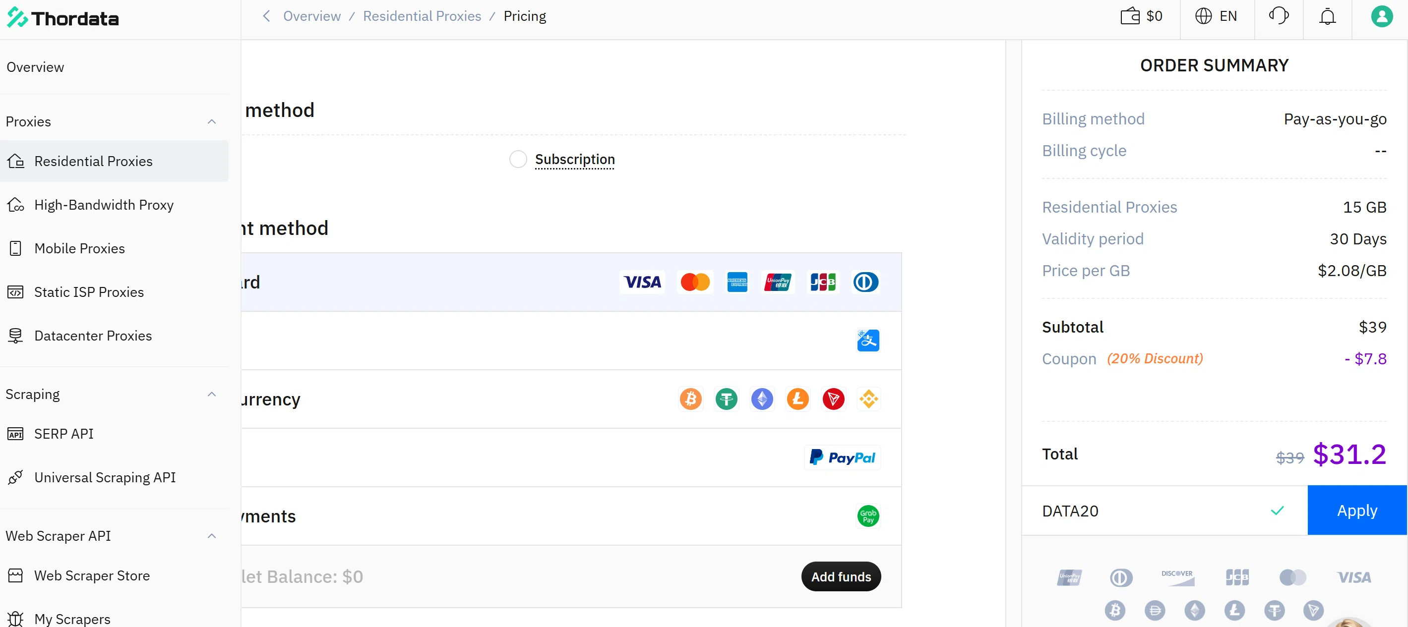 Thordata promo code screenshot showing code DATA20 applied at Thordata checkout page. Uploaded by SimplyCodes community member GloriousWarden on Sep 29, 2025