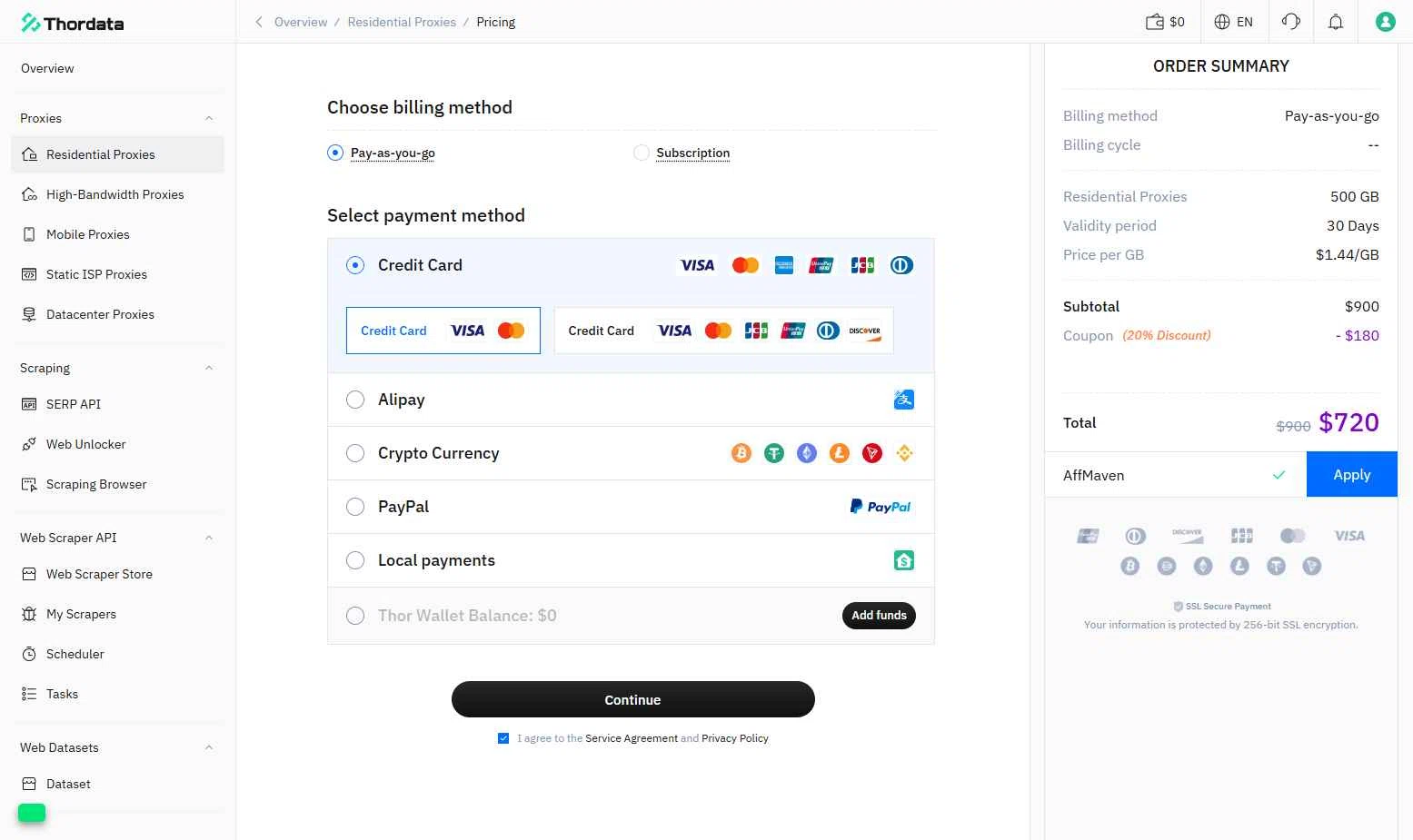 Thordata checkout page showing Thordata promo code box | Screenshot taken by SimplyCodes community member on Dec 23, 2025