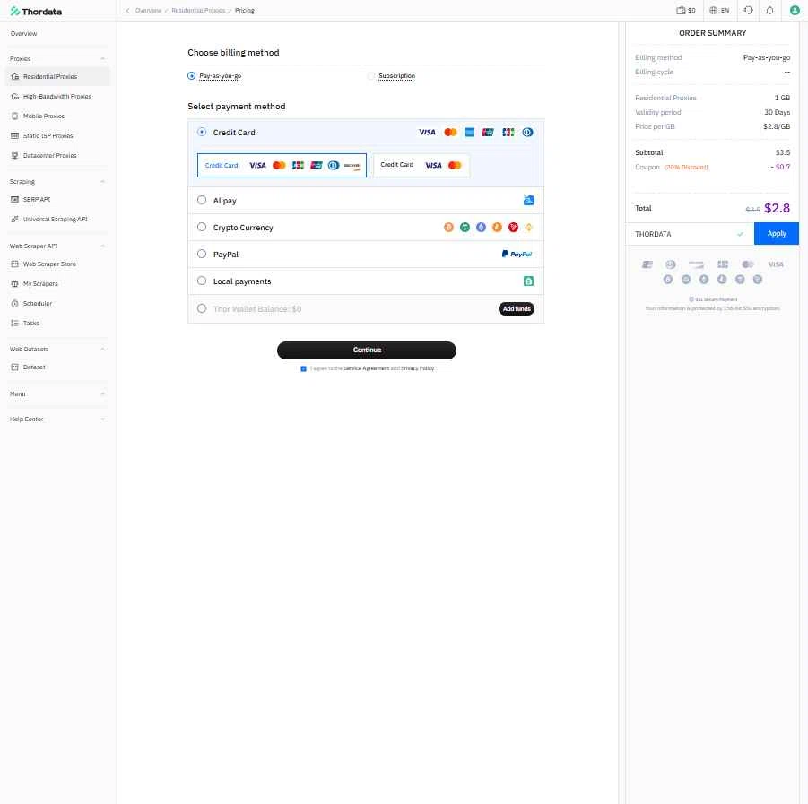 Thordata checkout page showing Thordata promo code box | Screenshot taken by SimplyCodes community member on Oct 26, 2025
