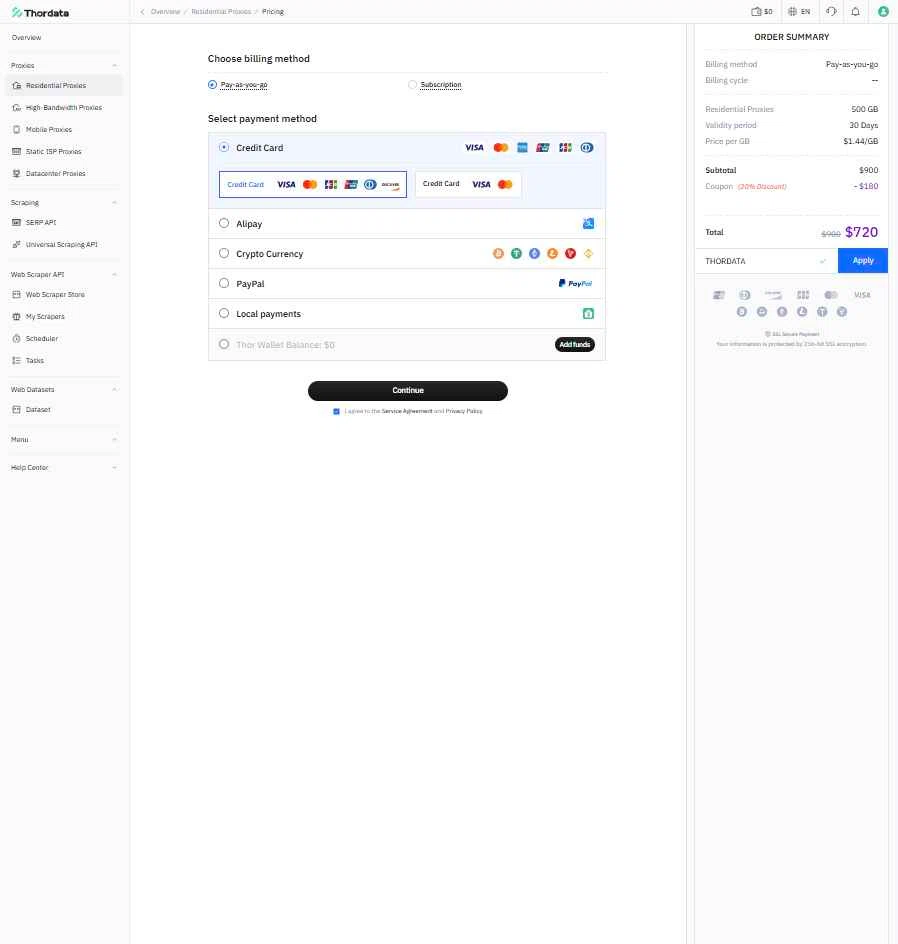 Thordata checkout page showing Thordata promo code box | Screenshot taken by SimplyCodes community member on Oct 26, 2025